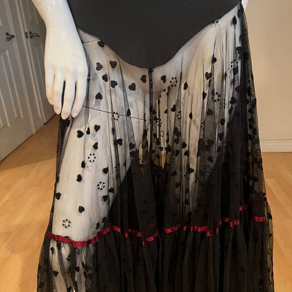 VINTAGE BETSEY JOHNSON PUNK LABEL FLOCKED HEARTS SHEER MAXI TULLE SKIRT ONE SIZE - Picture 2 of 7